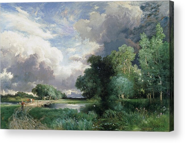 Rural; Remote; River; Riverbank; Dusk; Evening; Track; Road; Path; Journey; Traveller; Walking; Cattle; Homeward Bound; Countryside;landscape With A Bridge (oil On Canvas) By Thomas Moran (1837-1926) Wood Acrylic Print featuring the painting Landscape with a bridge by Thomas Moran