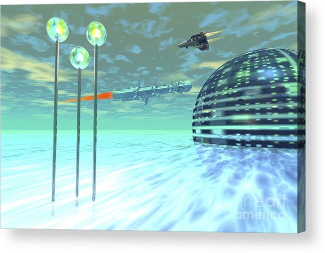 Space Art Acrylic Print featuring the digital art Life Under Domes On An Alien Waterworld by Corey Ford