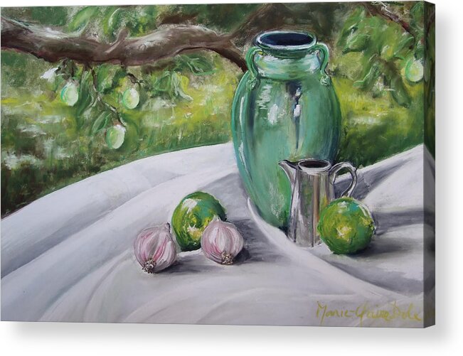 Still Life Acrylic Print featuring the painting Limes and Mirabelles by Marie-Claire Dole