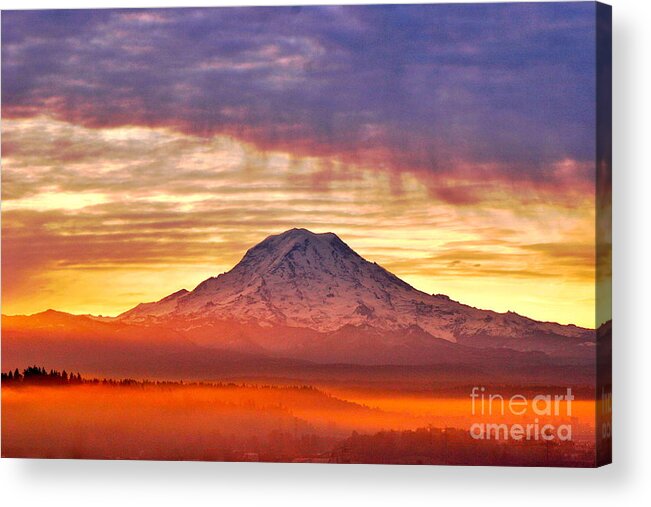 Photography Acrylic Print featuring the photograph Morning Mist About Mount Rainier HDR by Sean Griffin