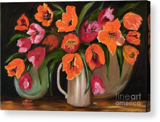 Orange Tulips And Pink Prints Acrylic Print featuring the painting Orange and Pink Tulips by Pati Pelz