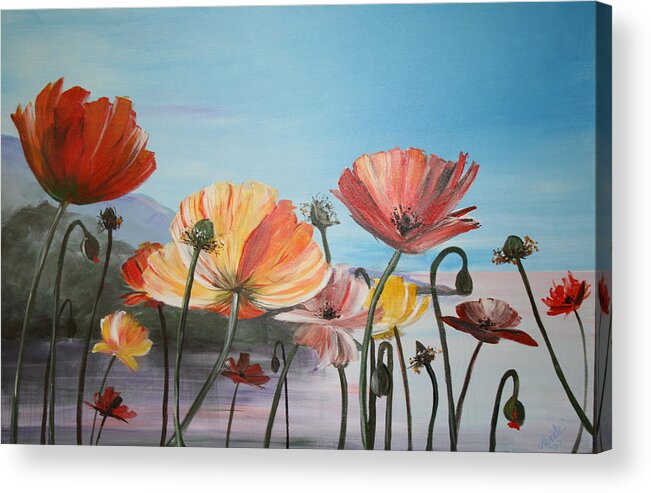 Poppies Acrylic Print featuring the painting Poppies by the Sea by Almeta Lennon