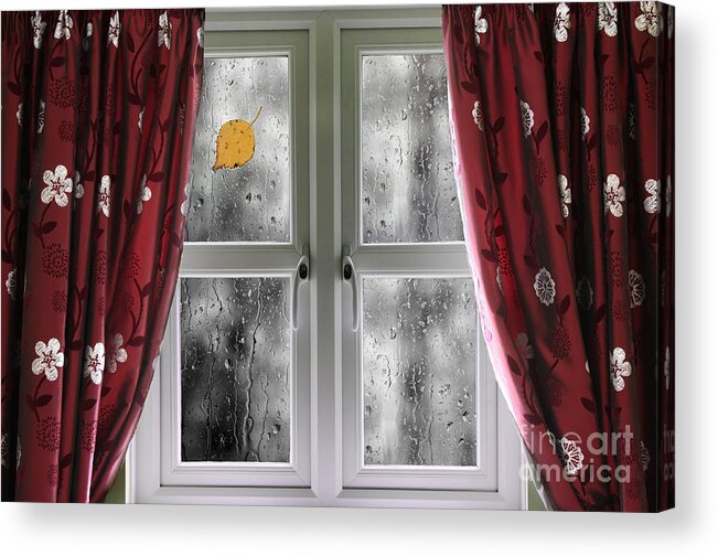 Window Acrylic Print featuring the photograph Rain on a window with curtains by Simon Bratt