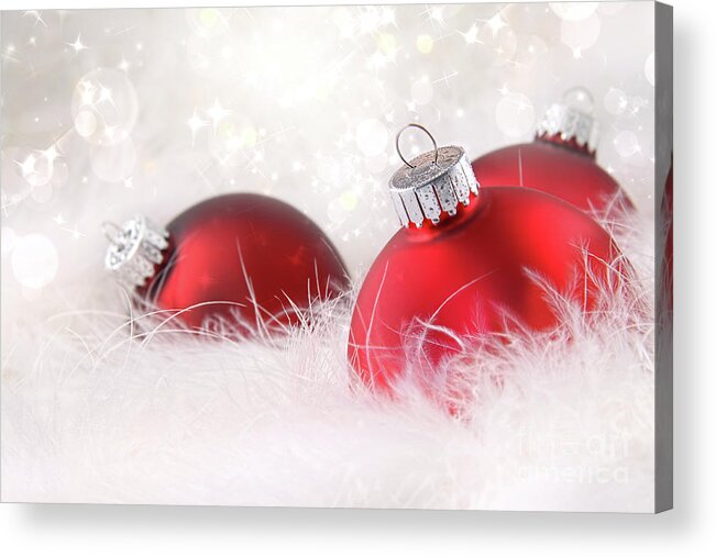 Abstract Acrylic Print featuring the photograph Red christmas balls in white feathers by Sandra Cunningham