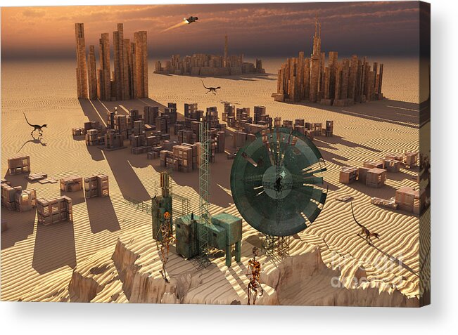 Futuristic Acrylic Print featuring the digital art Robots Maintain A Forgotten Colony by Mark Stevenson