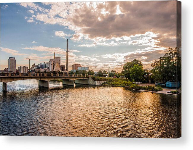 Rochester Minnesota Sky Water Cloud Sun Blue Orange City Tree Landscape Acrylic Print featuring the photograph Silver Lake by Tom Gort