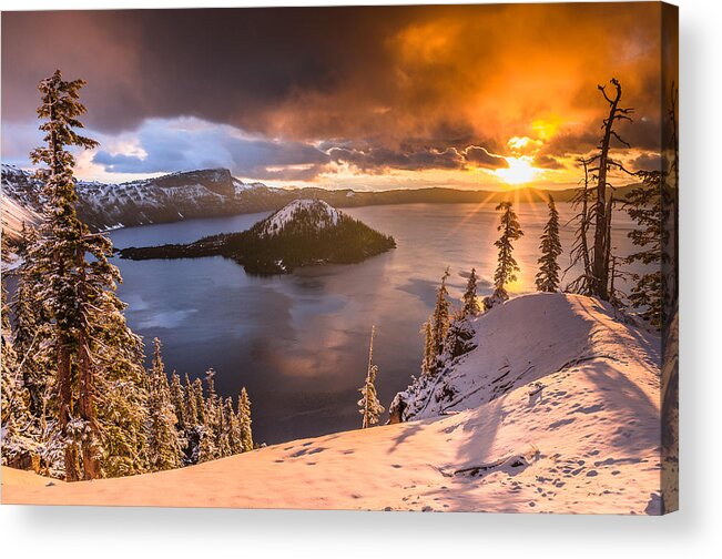 Cascades Acrylic Print featuring the photograph Starburst Sunrise at Crater Lake by Greg Nyquist