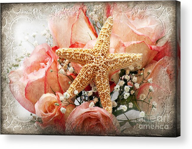 Pink Acrylic Print featuring the photograph Starfish And Pink Roses by Andee Design