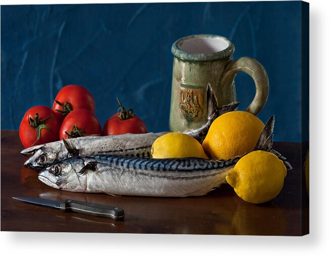Still Life Acrylic Print featuring the photograph Still life with mackerels lemons and tomatoes by Juan Carlos Ferro Duque