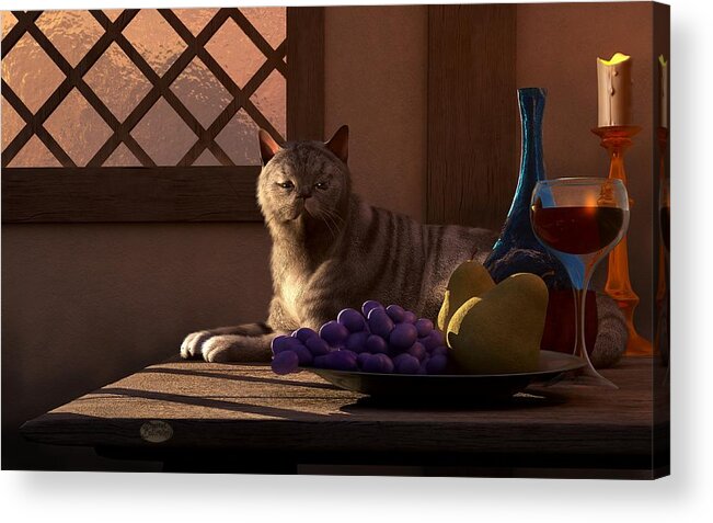 Cat Acrylic Print featuring the digital art Still Life with Wine Fruit and Cat by Daniel Eskridge