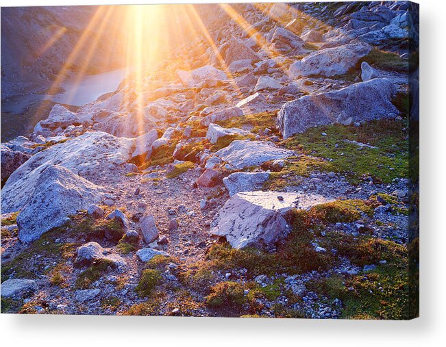 Sunset Acrylic Print featuring the photograph Sunburst Over Abyss Lake by Jim Garrison