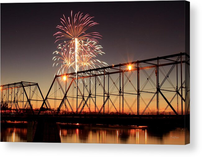 Bridge Acrylic Print featuring the photograph Sunset and Fireworks by Deborah Crew-Johnson