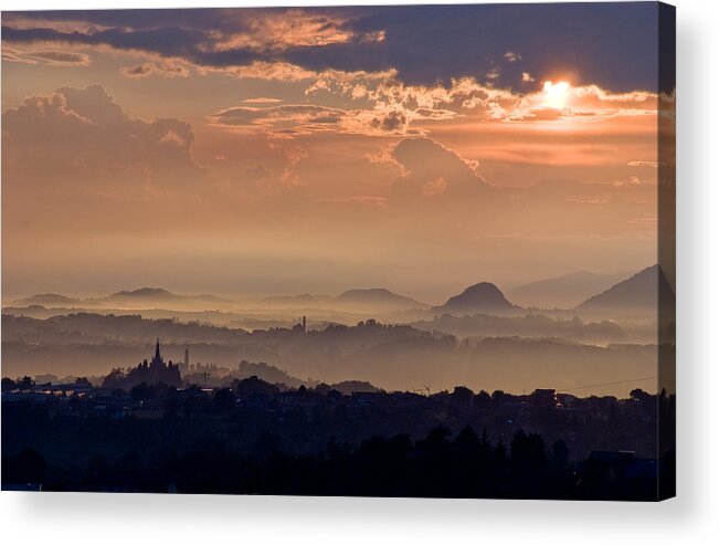 Sun Rain Storm Cloud Vapor Landscape Italy Hills Fog Wide Panorama Acrylic Print featuring the photograph The end of the storm by Marco Busoni