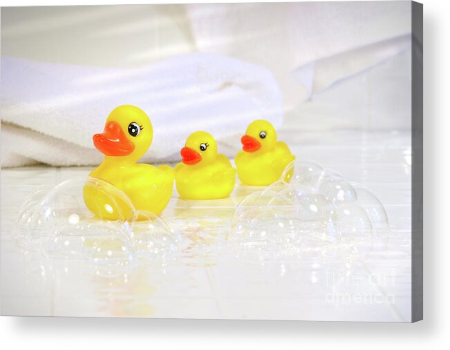 Water Acrylic Print featuring the photograph Three little rubber ducks by Sandra Cunningham