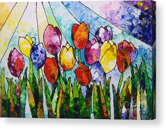 Tulips Acrylic Print featuring the painting Tulips on Parade by Sally Trace