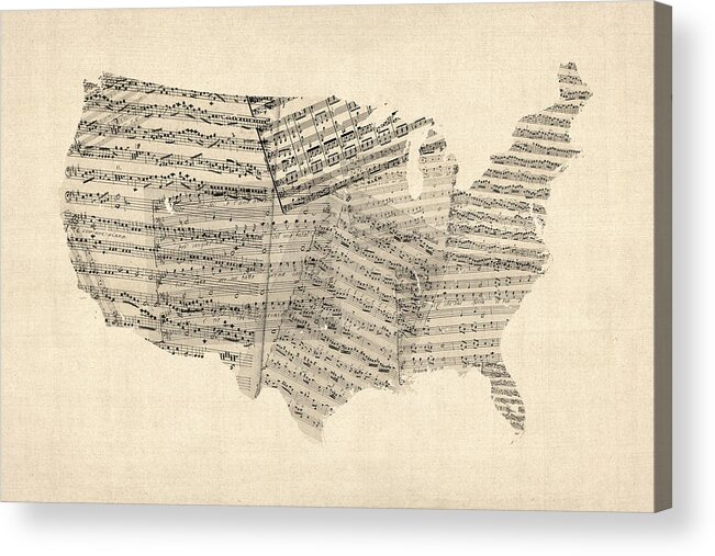 United States Map Acrylic Print featuring the digital art United States Old Sheet Music Map by Michael Tompsett