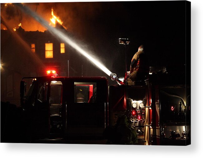 Fire Acrylic Print featuring the photograph Water On The Fire From Pumper Truck by Daniel Reed