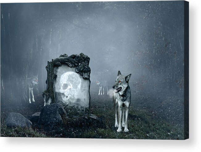 Autumn Acrylic Print featuring the photograph Wolves guarding an old grave by Jaroslaw Grudzinski