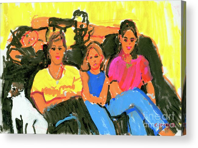 4 Girls And A Dog Acrylic Print featuring the painting 4 Girls and a Dog #1 by Candace Lovely