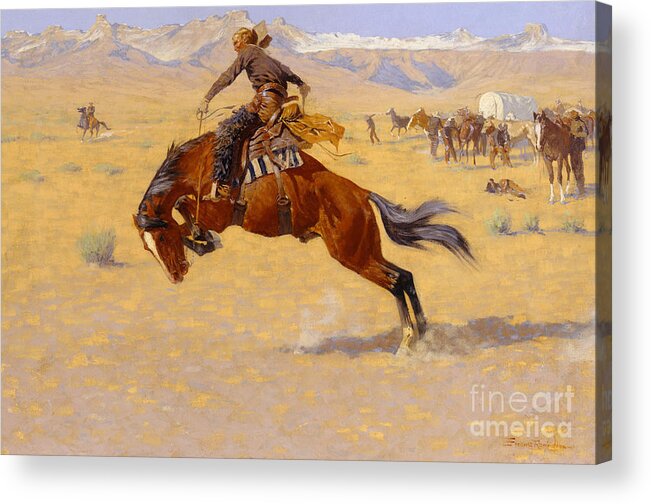 Cowboy; Horse; Pony; Rearing; Bronco; Wild West; Old West; Plain; Plains; American; Landscape; Breaking; Horses; Snow-capped; Mountains; Mountainous Acrylic Print featuring the painting A Cold Morning on the Range by Frederic Remington