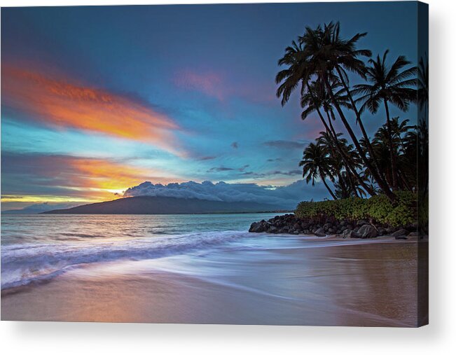 Maui Sunset Seascape Sunset Ocean Palmtrees Clouds Acrylic Print featuring the photograph Along The Shore #1 by James Roemmling