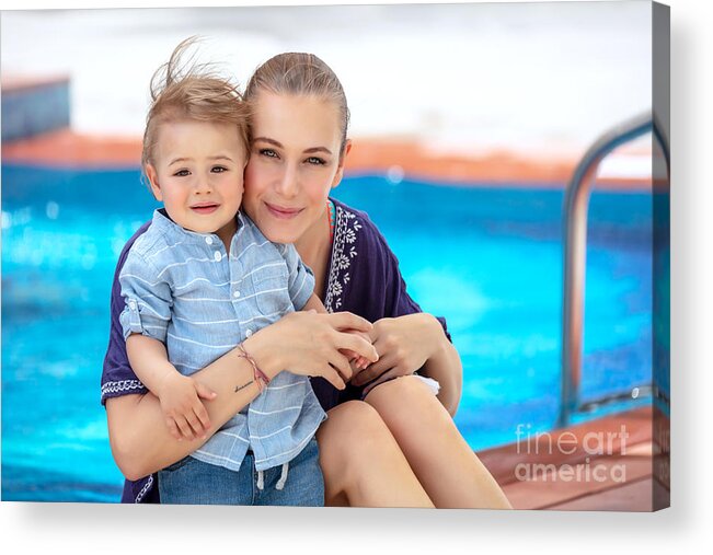 Activity Acrylic Print featuring the photograph Baby boy with mom on the beach resort #1 by Anna Om