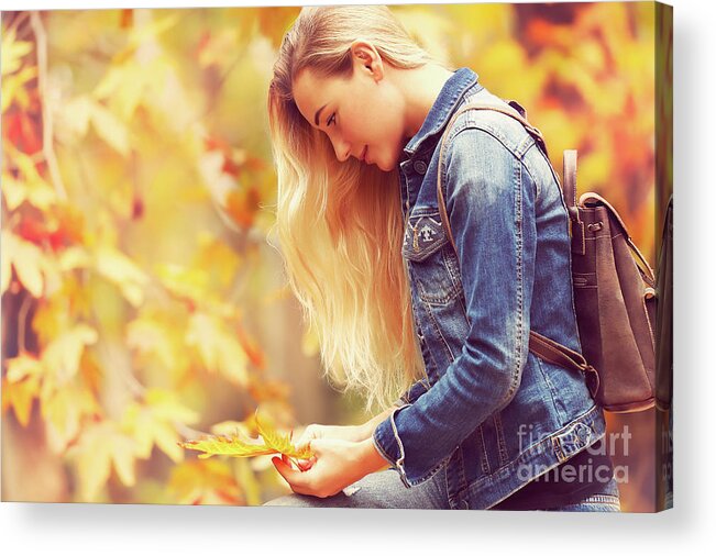 Autumn Acrylic Print featuring the photograph Beautiful model in autumn park #1 by Anna Om