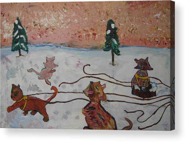 Cats Acrylic Print featuring the painting Cat Sled Team Left #1 by AJ Brown