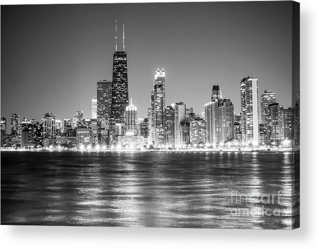 America Acrylic Print featuring the photograph Chicago Lakefront Skyline Black and White Photo #1 by Paul Velgos