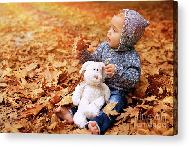 Autumn Acrylic Print featuring the photograph Cute little baby in autumn park #1 by Anna Om