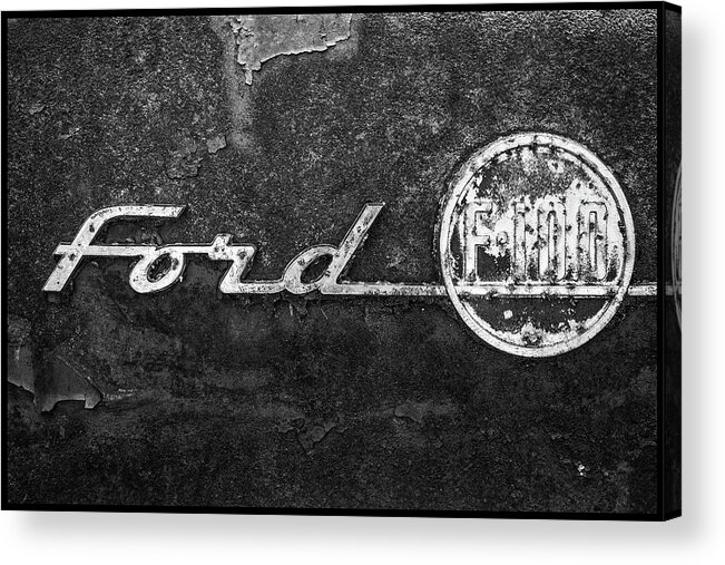 Ford F-100 Emblem Acrylic Print featuring the photograph Ford F-100 Emblem On A Rusted Hood #1 by Matthew Pace