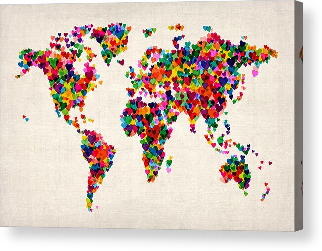 World Map Acrylic Print featuring the digital art Love Hearts Map of the World Map #1 by Michael Tompsett