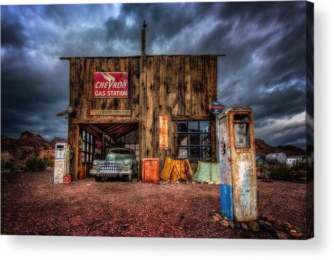 Nevada Acrylic Print featuring the photograph Nelson Nevada, Weathered Garage, Car, And Gas Pump #1 by Michael Ash
