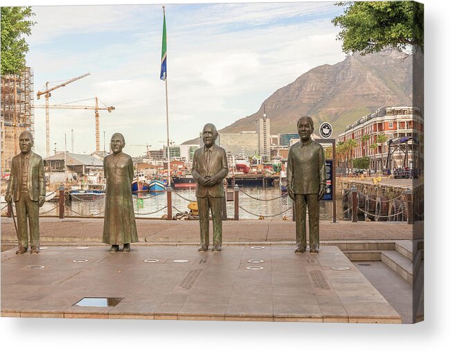 Bronze Acrylic Print featuring the photograph Nobel Square at waterfront in Cape Town with the four statues of #1 by Marek Poplawski