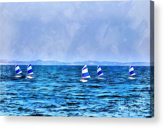 Optimist Acrylic Print featuring the painting Optimist sailing boats #1 by George Atsametakis