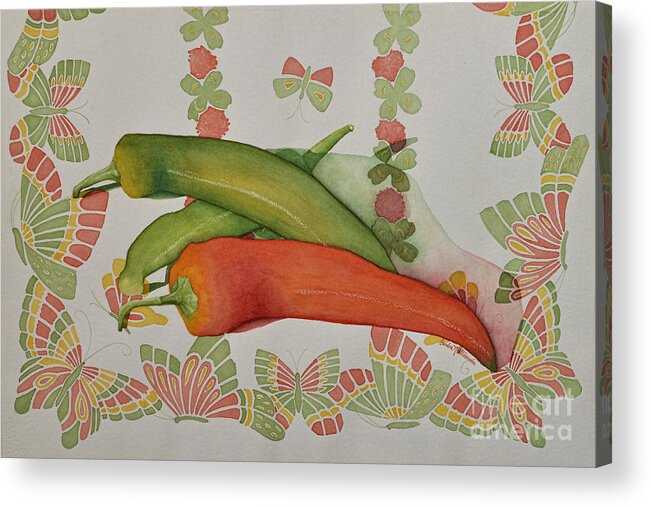 Green Pepper Acrylic Print featuring the painting Peppers and Butterflies by Sandra Neumann Wilderman