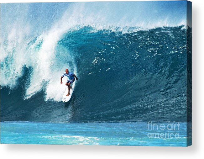 Kelly Slater Acrylic Print featuring the photograph Pro Surfer Kelly Slater Surfing in the Pipeline Masters Contest #1 by Paul Topp