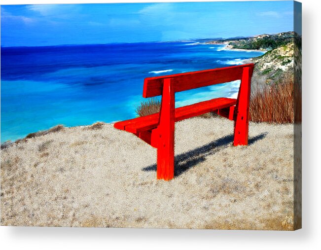 Beach Acrylic Print featuring the painting Red Bench on the Beach #1 by Bruce Nutting