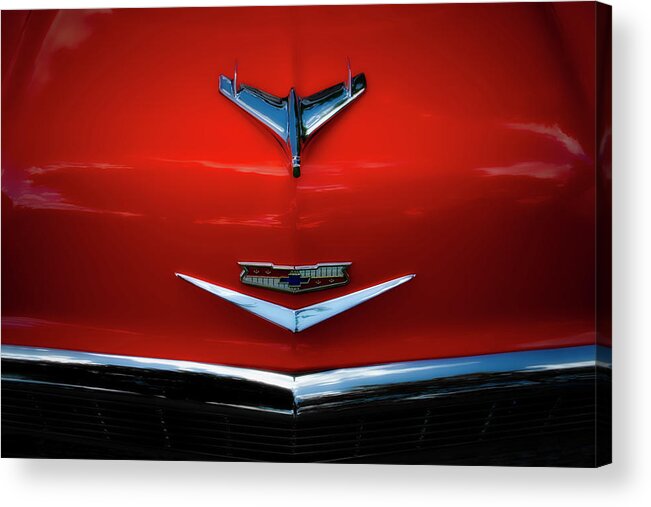 Car Photograph Junk Rust Classic Car Photographer Best Car Photography Automotive Transportation Car Photos Abstract Car Detail Vintage Drag Cars Collector Cars Emblems Car Emblem Signs Neon Buildings Acrylic Print featuring the photograph Red Chev #1 by Jerry Golab