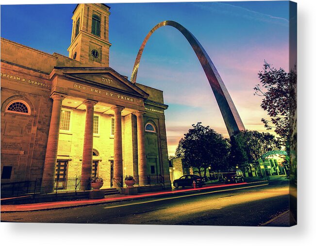 America Acrylic Print featuring the photograph Saint Louis Arch and Cathedral at Dawn #1 by Gregory Ballos