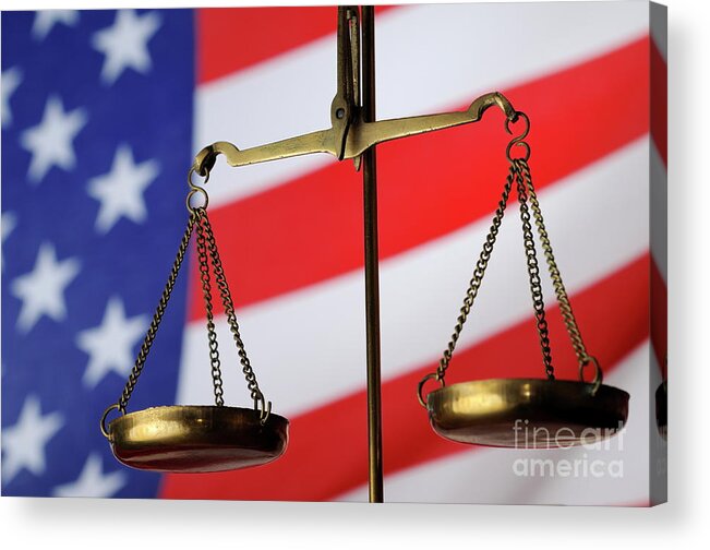 Authority Acrylic Print featuring the photograph Scales of Justice and American flag #1 by Sami Sarkis