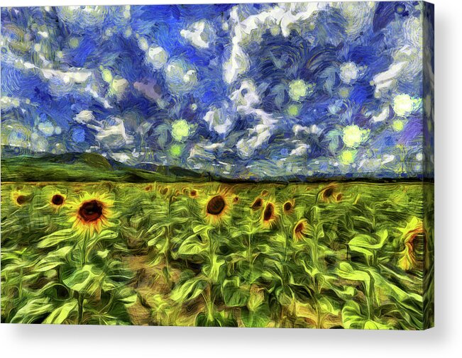 Van Gogh Acrylic Print featuring the mixed media Sunflower Field Van Gogh #1 by David Pyatt