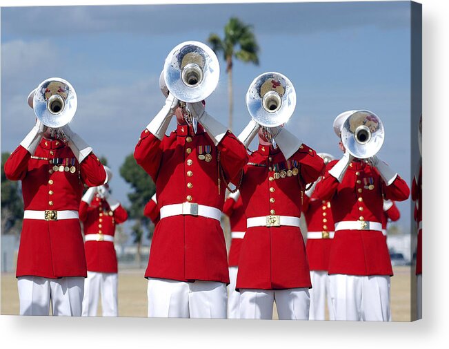 Drum And Bugle Corps Acrylic Print featuring the photograph U.s. Marine Corps Drum And Bugle Corps #1 by Stocktrek Images