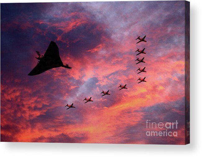 Avro Vulcan Bomber Xh558 Sunset Formation With The Red Arrows Acrylic Print featuring the digital art Vulcan XH558 and Red Arrows #1 by Airpower Art