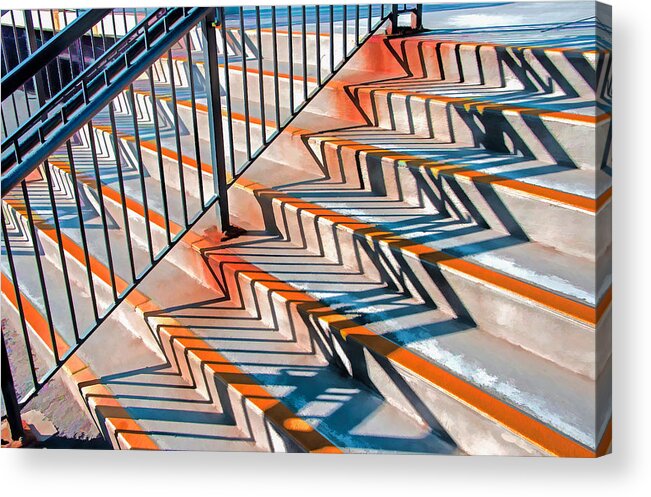 Repetition Acrylic Print featuring the photograph Zig Zag Shadows On Train Station Steps #1 by Gary Slawsky