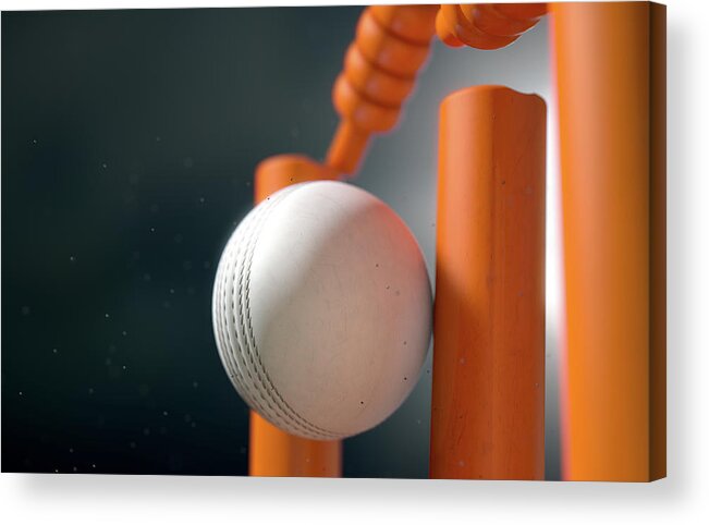 Action Acrylic Print featuring the digital art Cricket Ball Hitting Wickets #12 by Allan Swart