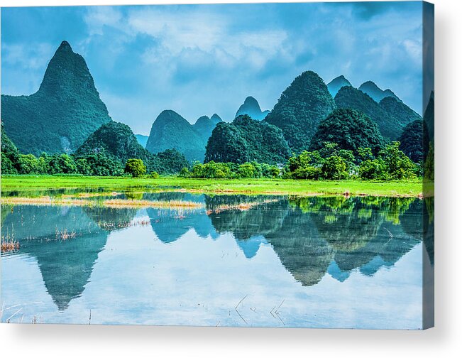 Karst Acrylic Print featuring the photograph Karst rural scenery in raining #126 by Carl Ning