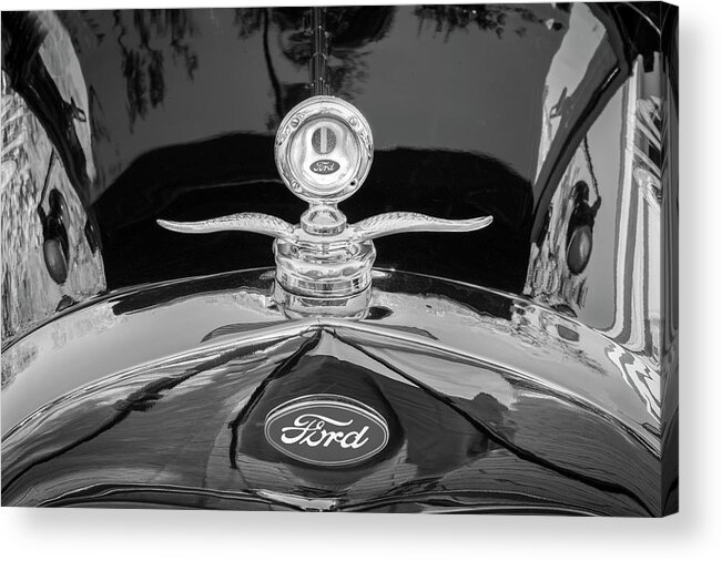 1929 Ford Model A Acrylic Print featuring the photograph 1929 Ford Model A Hood Ornament BW by Rich Franco