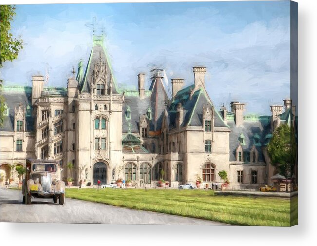 Woody Station Wagon Acrylic Print featuring the photograph 1936 Ford V8 Woody Station Wagon Leaving Biltmore House by Carol Montoya