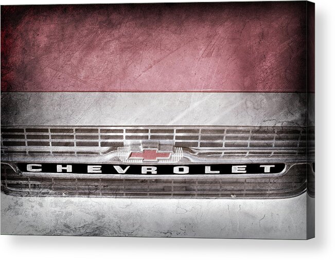 1961 Chevrolet Corvair Pickup Truck Grille Emblem Acrylic Print featuring the photograph 1961 Chevrolet Corvair Pickup Truck Grille Emblem -0130ac by Jill Reger